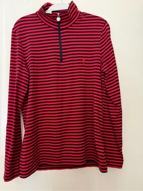 Golfino Red Navy Striped Quarter Zip Golf Pullover Unisex Large Made in Portugal